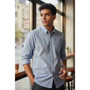 NWT Claiborne Men's Light Blue with Navy Accents Stretch Causal Shirts 2XL